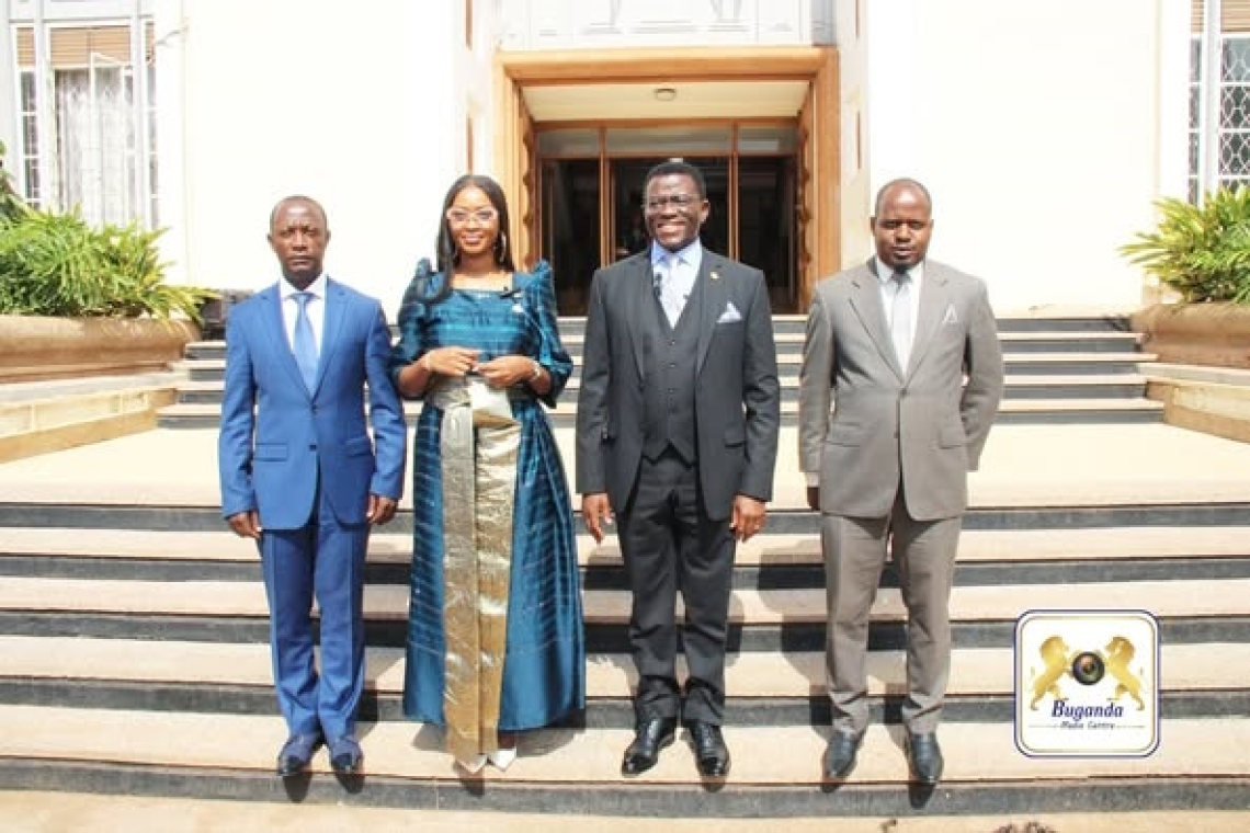 Owek. Robert Sserwanga, Musician Spice Diana, Katikkiro Charles Peter Mayiga, and Owek. Israel Kazibwe Kitooke pose for a group photo following their meeting Owek. Robert Sserwanga, Musician Spice Diana, Katikkiro Charles Peter Mayiga, and Owek. Israel Kazibwe Kitooke pose for a group photo following their meeting